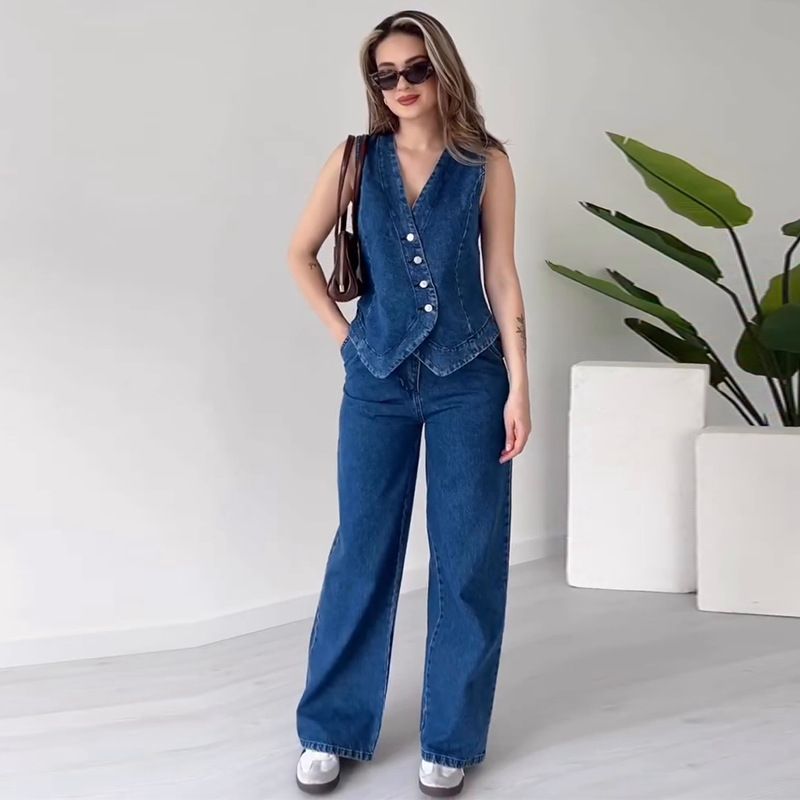 Women's Clothing Sleeveless Single Breasted Denim Straight Pants Two Piece Set_ecoleips.com