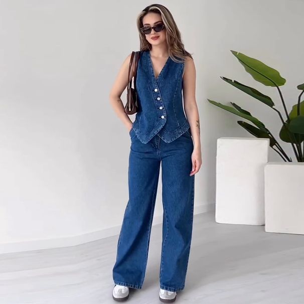 Women's Clothing Sleeveless Single Breasted Denim Straight Pants Two Piece Set_ecoleips.com