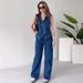 Women's Clothing Sleeveless Single Breasted Denim Straight Pants Two Piece Set_ecoleips.com