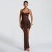 European And American Style Women's Summer Short Dress D26DS054 Solid Color Casual Mesh Patchwork Twisted Halter Neck with Ribbon_ecoleips.com