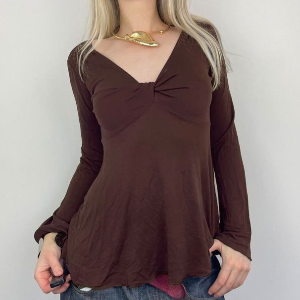American Retro Style Solid Color V-neck Long-sleeve T-shirt For Women With Irregular Pleats, Slim Fit And_ecoleips.com