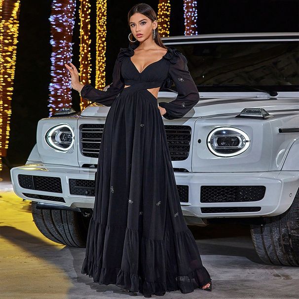 Women's Clothing Spring And Autumn Fashion Elegant Dress Chiffon Splicing Exposed Waist Large Swing Banquet Dress Long Skirt_ecoleips.com