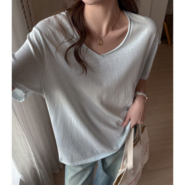 Women's Summer V-Neck T-Shirt Short Sleeve Loose Fit Korean Style Versatile Solid Color Casual Top Cotton_ecoleips.com