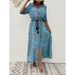 Foreign Trade Women's Clothing Summer V-Neck Printed Waist-Cinching Bohemian Holiday Button Beach Long Dress_ecoleips.com