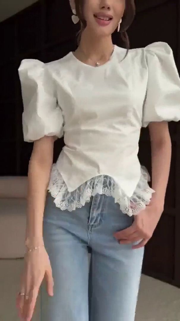 Women's Slimming Lace Patchwork Blouse Puff Sleeve Design European American Fashion Top 2026 Cross Border Style_ecoleips.com