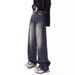KENH Dark Blue Washed High-Waisted Straight-Leg Jeans For Women, New Spring-Summer Frayed Hem Wide-Leg Floor-Length_ecoleips.com