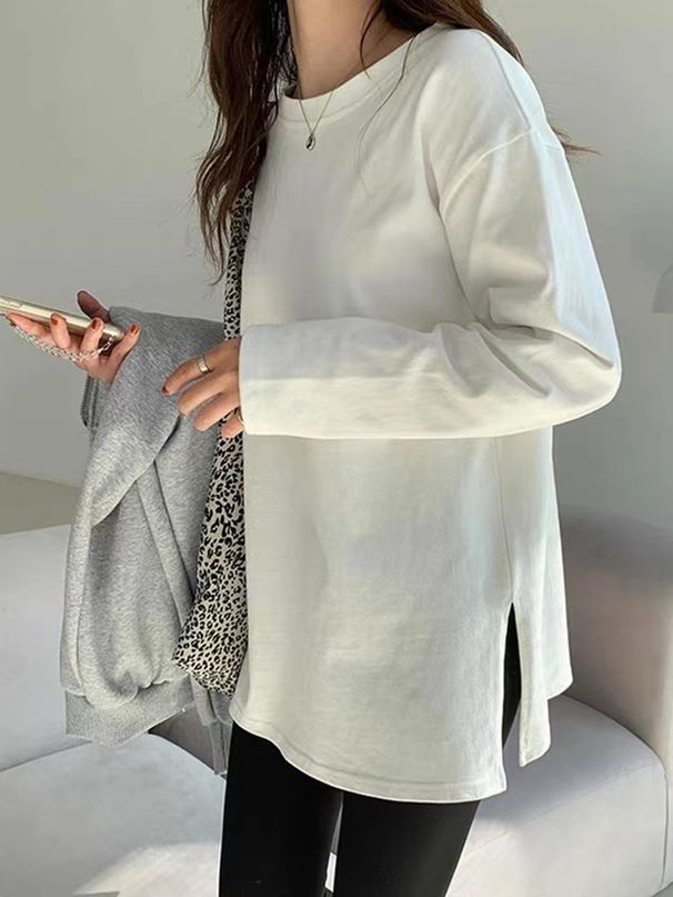 White Fleece Lined Long Sleeve Women's Base Shirt Inner Wear T-shirt Spring Autumn Design Split Korean Style Round Neck Top_ecoleips.com