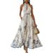 Women's Clothing Digital Printing V Neck Sleeveless Pleated Dress Long Skirt_ecoleips.com