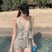 Retro Striped Minimalist Two Piece Bikini High Waisted Slimming Tummy Concealing Sophisticated Sweet Perfect for Hot Spring Vacations Swimwear_ecoleips.com
