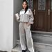 Women's Clothing Casual Street Style Contrast Color Striped Casual Streetwear Set - Color Block Striped High Neck Zip-Up Top & Straight Leg Pants_ecoleips.com