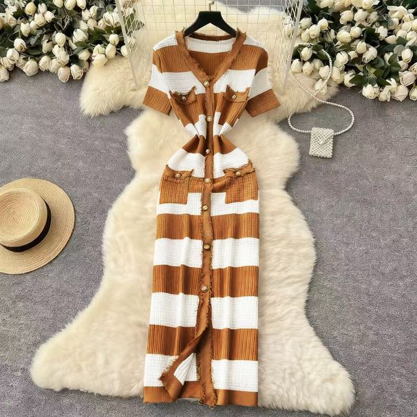 Elegant Temperament V Neck Tassel Knitted Dress Short Sleeved Slim Fit Style For Women_ecoleips.com