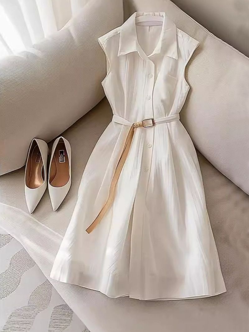 2025 Summer Elegant Simple High-End Exquisite Goddess Style White Sleeveless Shirt Base A-Line Dress For Women_ecoleips.com