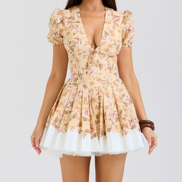European And American Women's Fashion Export Clothing Sexy Hot Girl Deep V Print Waist-Cinching Fluffy Mini Dress Short_ecoleips.com