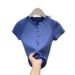 Women's Semi-Open Neck Knit Short Sleeve T-Shirt Slim Fit Casual Top for Petite And Tall_ecoleips.com