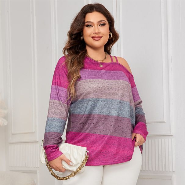 "Plus Size Off Shoulder Shirt – Women’s Color Block Long Sleeve Blouse (1XL-4XL, Pink & Bluish)"_ecoleips.com