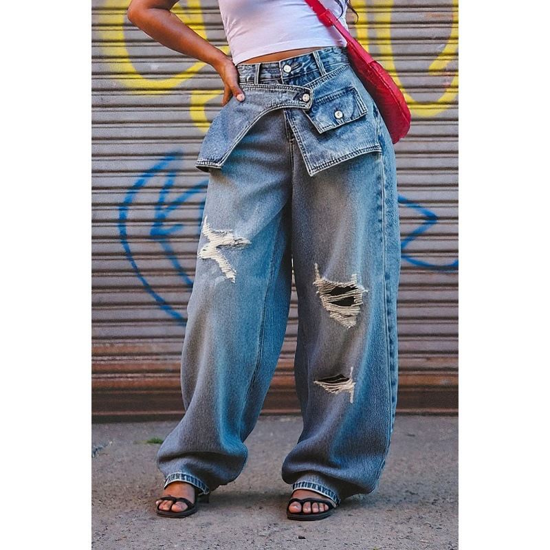 Women's Stacked Waist Distressed Straight Leg Jeans Blue Denim Casual Wide Leg Trousers Streetwear_ecoleips.com