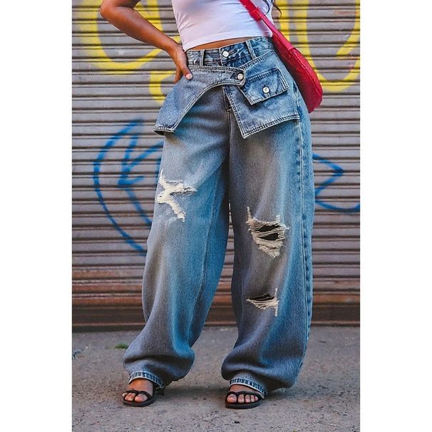 Women's Stacked Waist Distressed Straight Leg Jeans Blue Denim Casual Wide Leg Trousers Streetwear_ecoleips.com