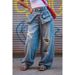 Women's Stacked Waist Distressed Straight Leg Jeans Blue Denim Casual Wide Leg Trousers Streetwear_ecoleips.com