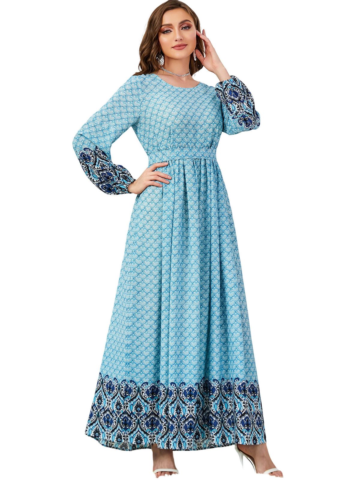 Dubai Arab Muslim Digital Print Casual Women's Robe Ethnic Clothing Abaya Dress_ecoleips.com
