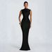 New 2026 European American Style Women's Satin Sleeveless Fishtail Gown Long Asymmetrical Cut Dress Bow Neck Waist Cinching Pleated Fit Bodycon Skirt_ecoleips.com