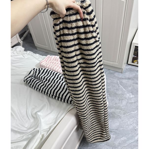 Striped Pajama Pants Women's Black And White Fleece Trousers Fleece Sleepwear Winter Thickened Casual Home Pants Female_ecoleips.com