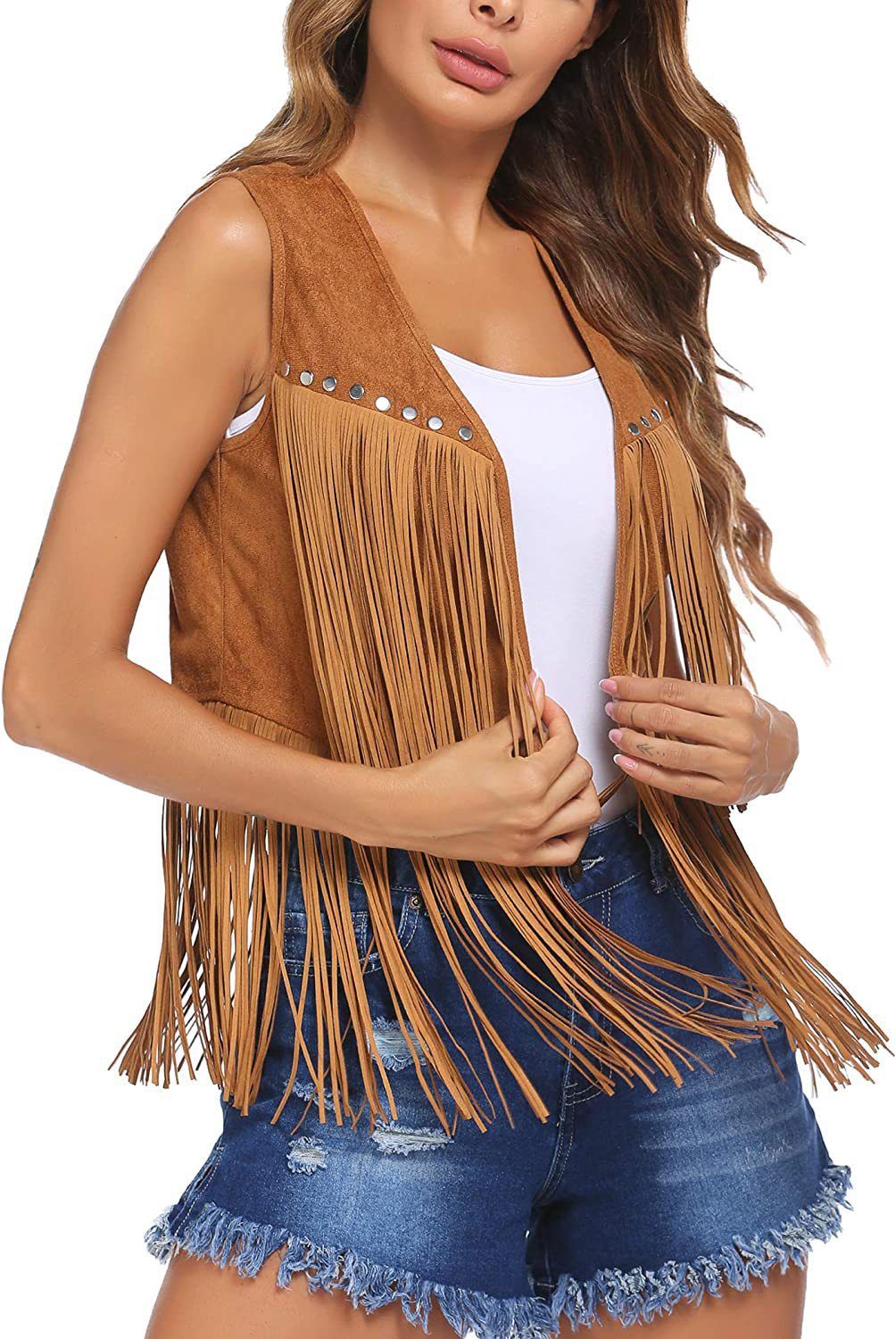 Women's fringe coat buckskin velvet unbuttoned mid-length vest vest coat_ecoleips.com