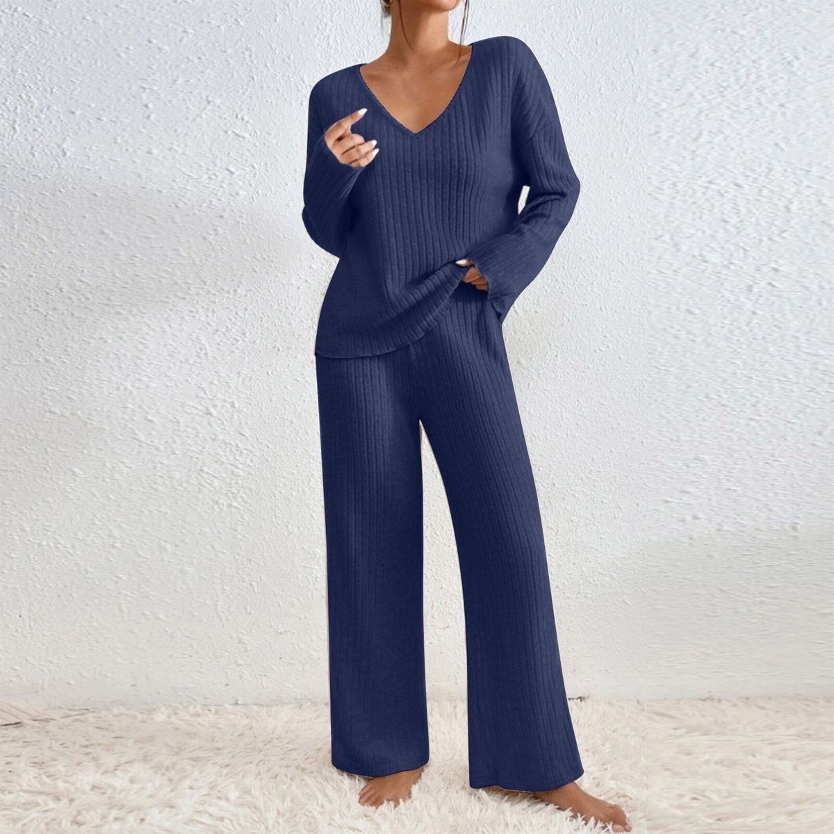 Women's V Neck Long Sleeve Suit Loose Fit Casual Ribbed Brushed Set For Autumn WinterRelaxed Everyday Wear Versatile Comfortable Feshion Trend_ecoleips.com