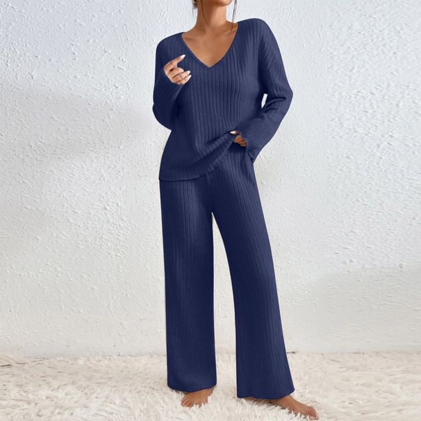 Women's V Neck Long Sleeve Suit Loose Fit Casual Ribbed Brushed Set For Autumn WinterRelaxed Everyday Wear Versatile Comfortable Feshion Trend_ecoleips.com