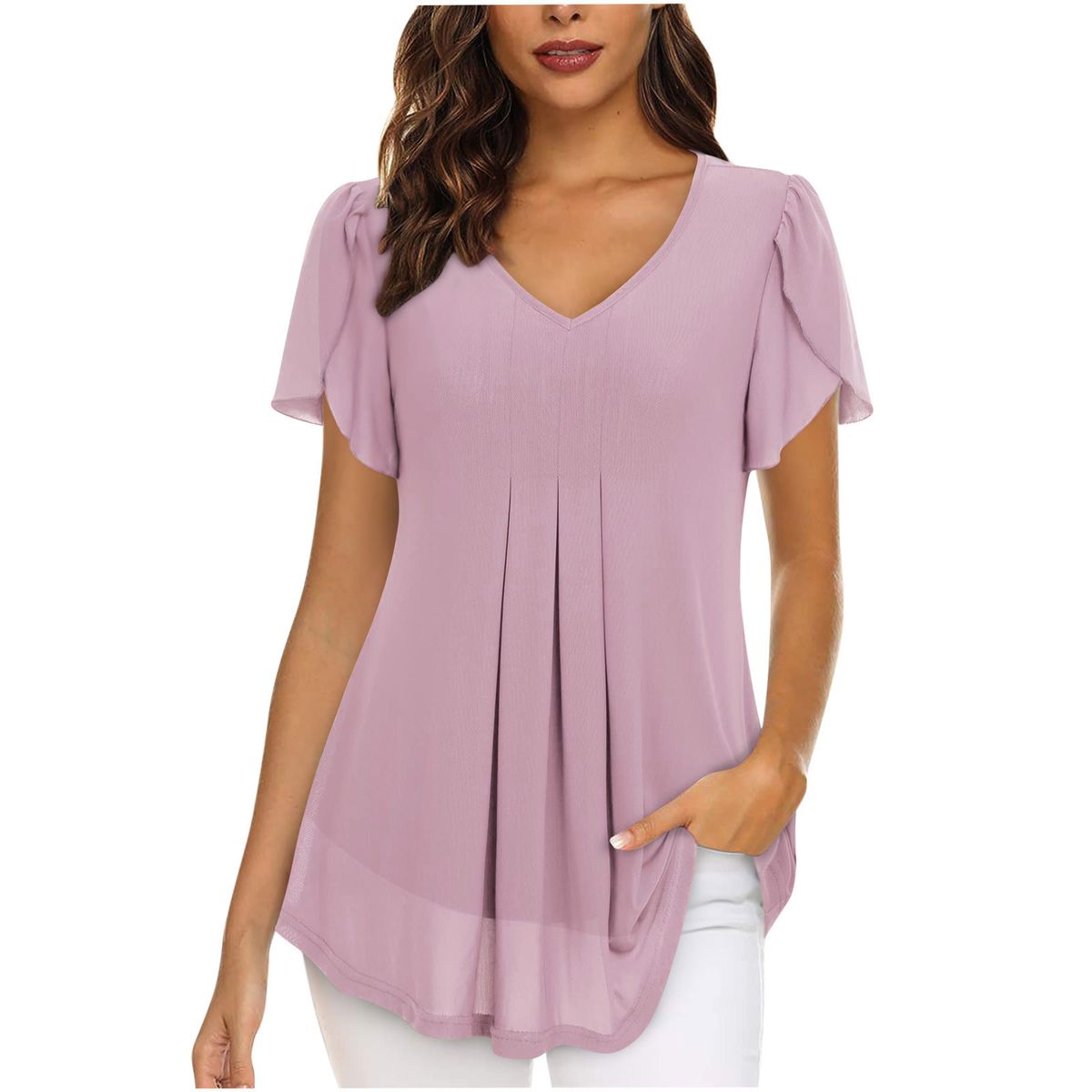 Women's Chiffon Blouse European American Style Petal Shaped Short Sleeves Waist Cinching Top Summer Casual T-Shirt with Pleats 2023_ecoleips.com