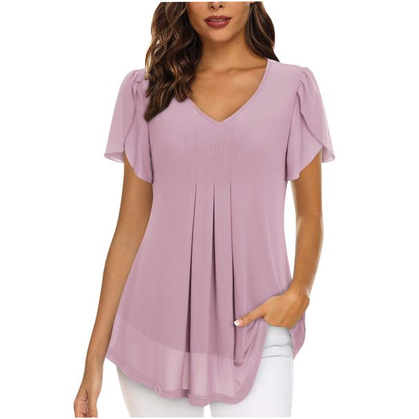 Women's Chiffon Blouse European American Style Petal Shaped Short Sleeves Waist Cinching Top Summer Casual T-Shirt with Pleats 2023_ecoleips.com