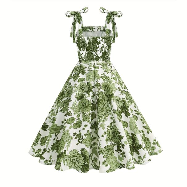 Women's High-Waisted Floral Print Dress European American Style Tie Neck Suspender Elegant Waist Cinching Cross-Border Fashion_ecoleips.com