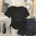 Pleated Drawstring Slimming Short-Sleeve T-Shirt For Women, 2026 Summer Korean Minimalist Chic Top Trend_ecoleips.com