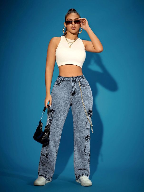 Women's Cargo Jeans High Waist Flap Pockets Oversized Fit Stretch Denim Pants - Streetwear Jogger Pants For Plus Size_ecoleips.com