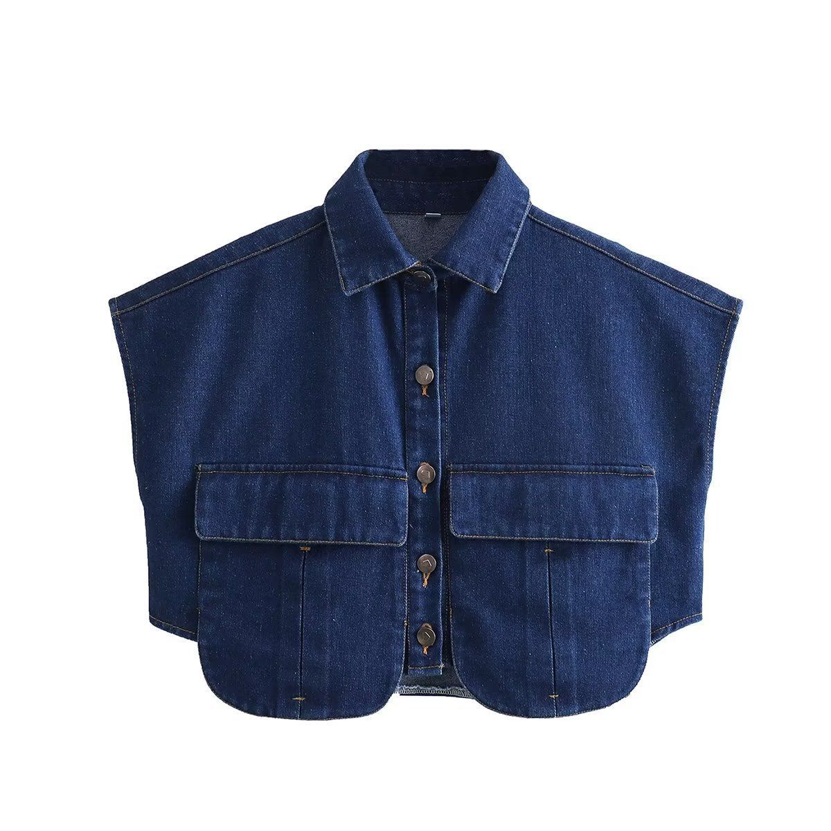 Verve 9846 Early Autumn New Women's Fashion Turn-down Collar Sleeve Short Denim Shirt Top For Women_ecoleips.com