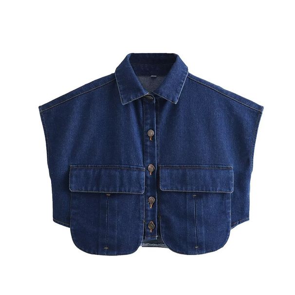 Verve 9846 Early Autumn New Women's Fashion Turn-down Collar Sleeve Short Denim Shirt Top For Women_ecoleips.com