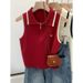 Women's Red Sleeveless Knitted Vest High-End Design Half Zip Collar Summer Outerwear Niche Top_ecoleips.com