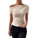 Women's Clothing Slim Pleated Irregular Short Sleeved T Shirt Top_ecoleips.com