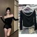 FORNIS Rhinestone Off-Shoulder Long Sleeve Top PU Straight Shorts Set_ecoleips.com