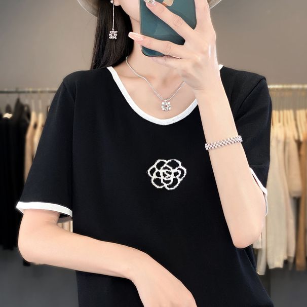 Women's Clothing Summer Women's Curved Beaded Ice Linen Silk V Neck Short Sleeve T-Shirt Thin Color Block Floral Print Knitted Top_ecoleips.com