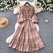 French Retro Stand Collar Ruffle Patchwork Dress for Women Hollowed out Embroidery Slimming Long Sleeve Niche Stand Collar Bubble Women's Clothing_ecoleips.com