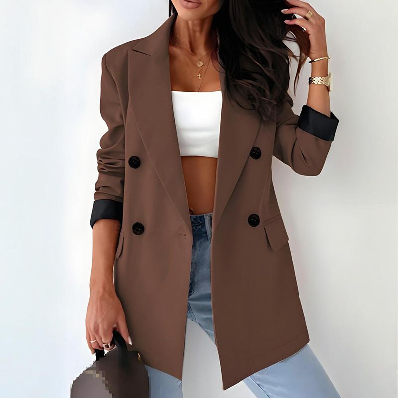 Women's Long Sleeve Double-Breasted Blazer Jacket - Elegant Office Wear, Loose Fit, Wrinkle-Free Polyester Blend, Khaki & Coffee_ecoleips.com