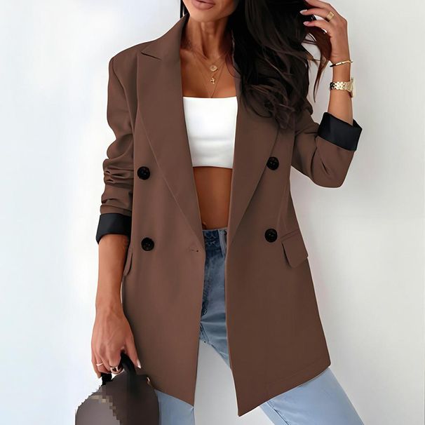 Women's Long Sleeve Double-Breasted Blazer Jacket - Elegant Office Wear, Loose Fit, Wrinkle-Free Polyester Blend, Khaki & Coffee_ecoleips.com