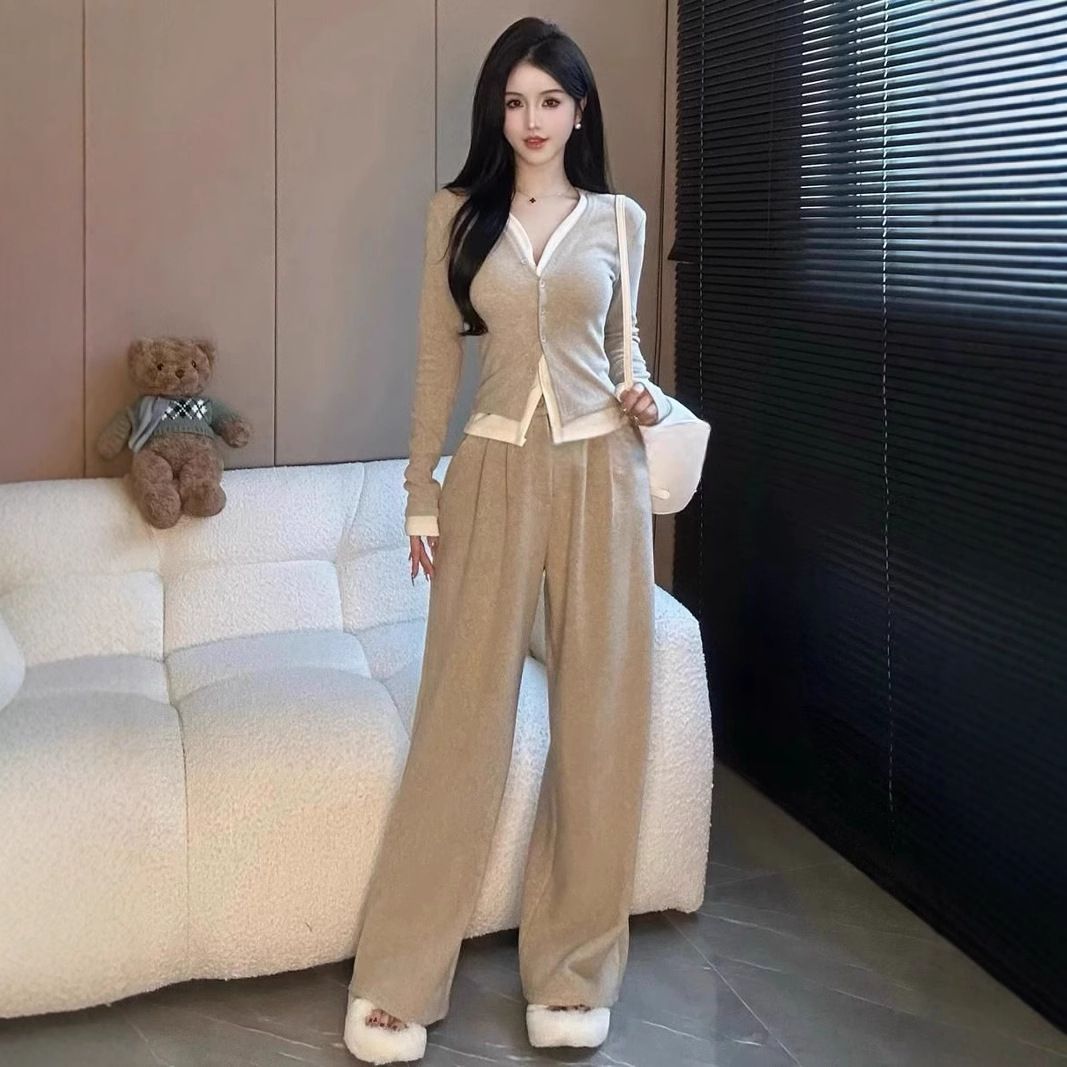 Women's Casual Sportswear Set V Neck Sweatshirt Wide Leg Pants Two Piece Outfit Slim Fit Spring Autumn Fashion_ecoleips.com