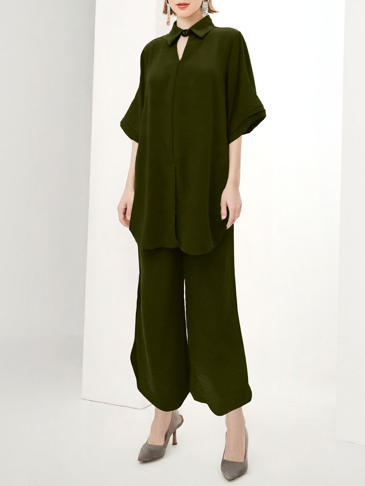 Modest Evening Dress Traditional Middle Eastern Abaya Muslim Outfit Women's Five Sleeve Shirt And Wide Leg Trousers Two Piece Clothing_ecoleips.com