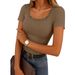 Ribbed Knit Square Neck T-Shirt – Lace Trim Casual Top For Women, Soft & Breathable (S-Xxl, 8 Colors)_ecoleips.com