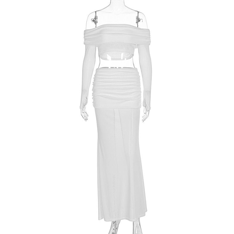Women's Solid Color Off-Shoulder Top And Long Skirt Set With Pleats And Slim Fit_ecoleips.com