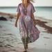 Creative Floral Women's Summer V-Neck Short Sleeve Dress Medium-Length Dress_ecoleips.com