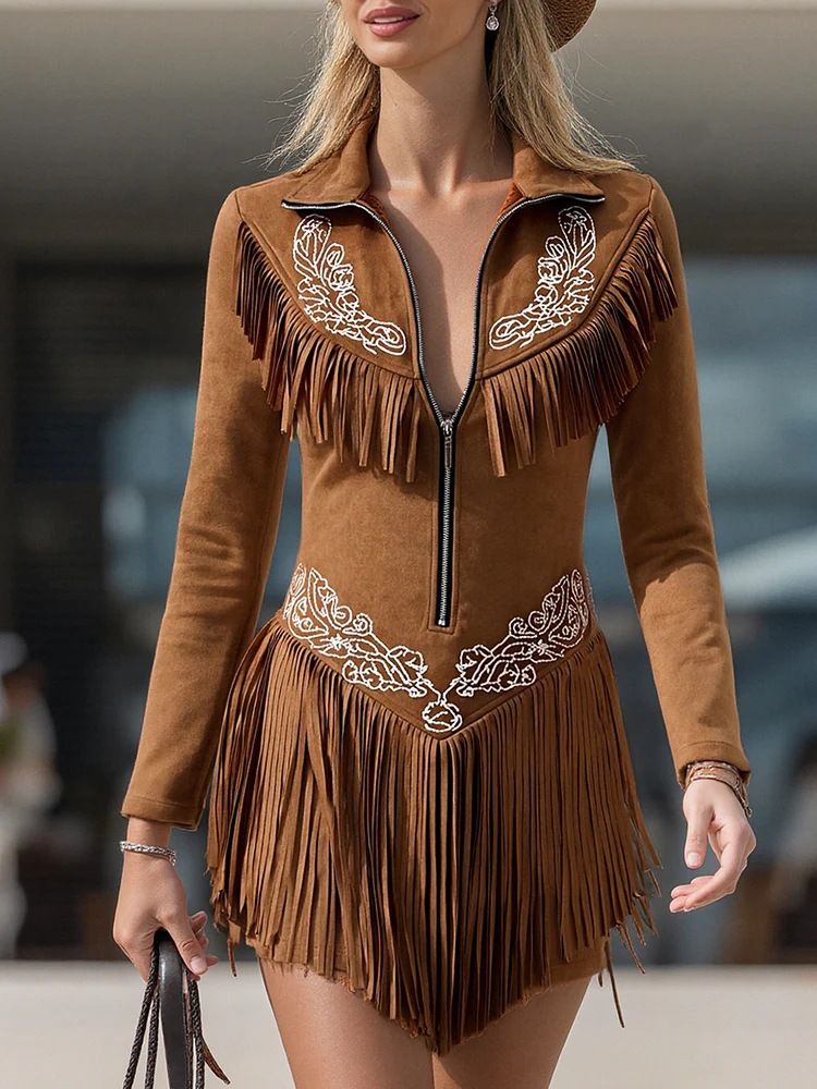 Women's Clothing Western Boho Fringe Suede Dress – Long Sleeve Vintage Floral Embroidery Maxi Dress For Women_ecoleips.com