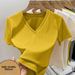 Women's Style Ribbed V Neck T Shirt Short Sleeved Summer Wear Slim Fit Fashionable Alluring Revealing Collarbone Trendy New Style_ecoleips.com