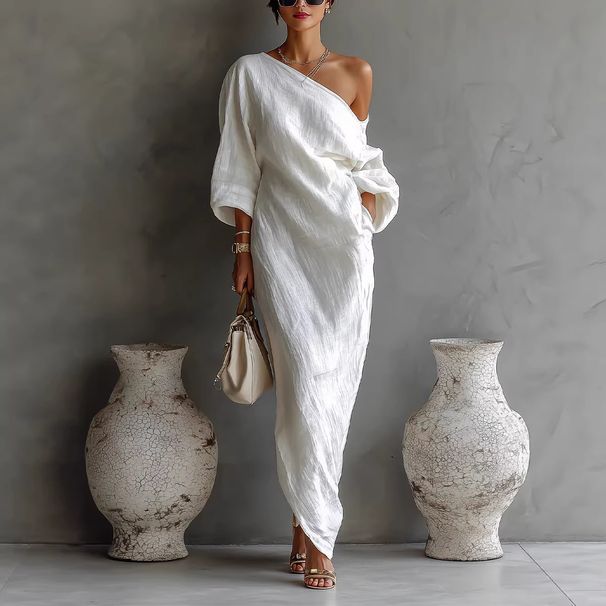 Elegant Retro Off-Shoulder Long Dress For Women Summer Loose Fit Fairy-like Zen Inspired Chinese Style Clothing_ecoleips.com